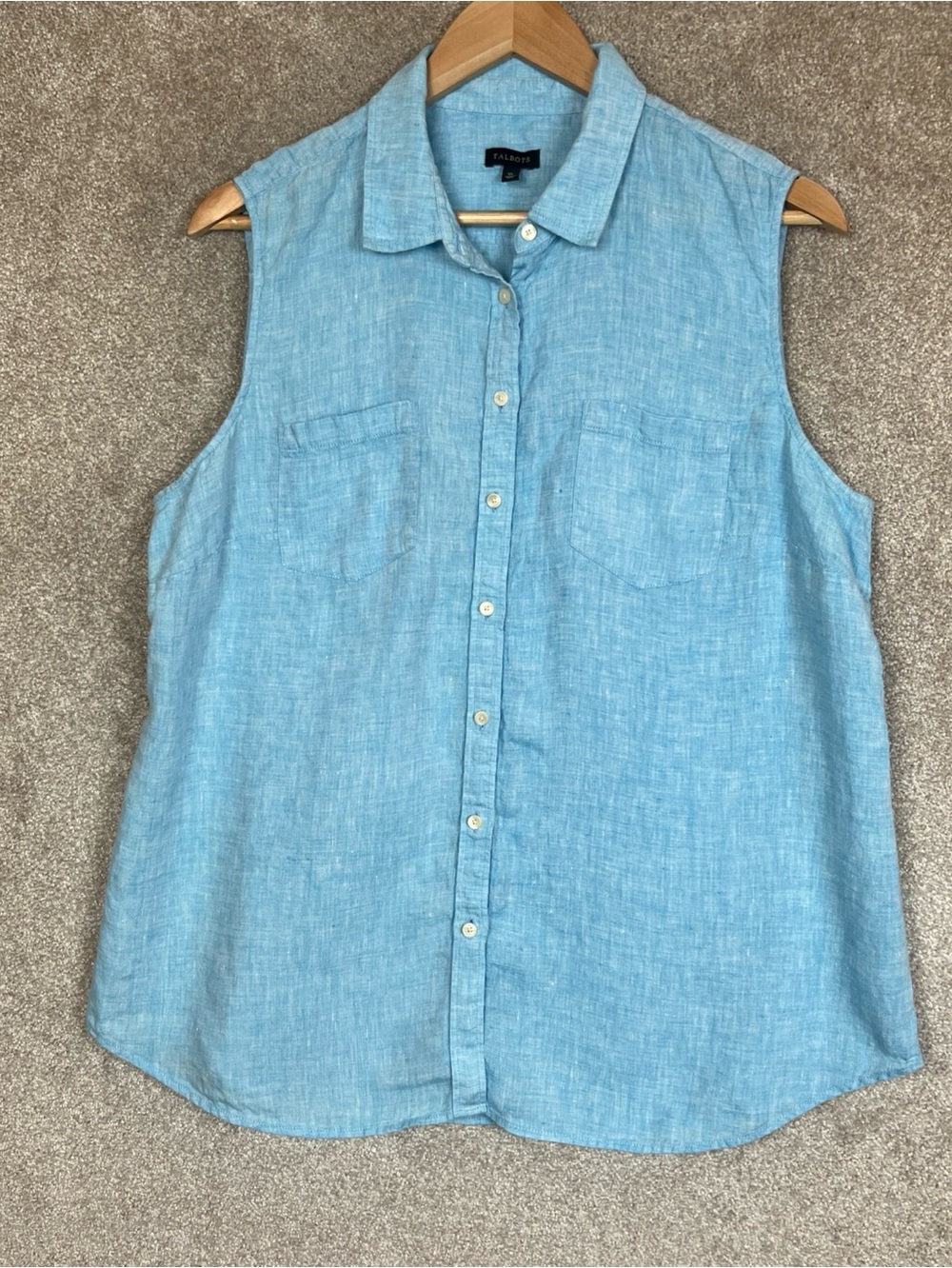 Talbots Shirt Womens Extra Large Blue Linen Sleeveless Button Pockets- 5305